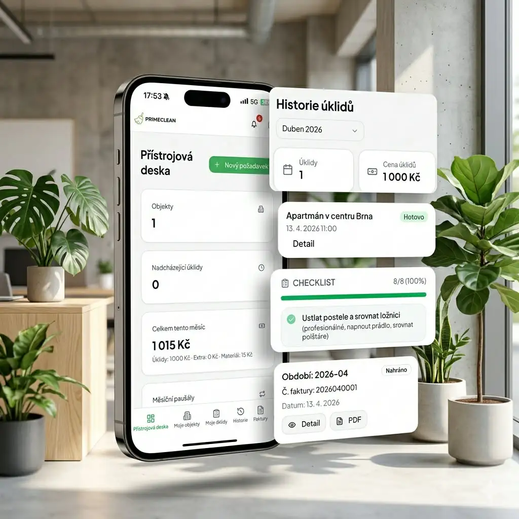 Ukázka klientské webové aplikace PrimeClean — přehled úklidů a fotoreportů